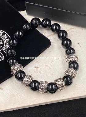 黑曜石串珠10mm925纯银十字架手串男女小众十字花手链复古个性