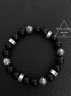 复古做旧剋罗芯s925纯银10mm天然黑曜石 重磅鸢尾花男士手链礼物