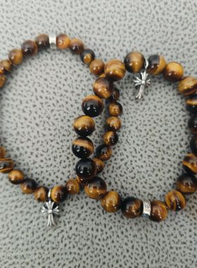 s925纯银天然水晶黑曜石克罗实心手链十字架转运转运男女手串