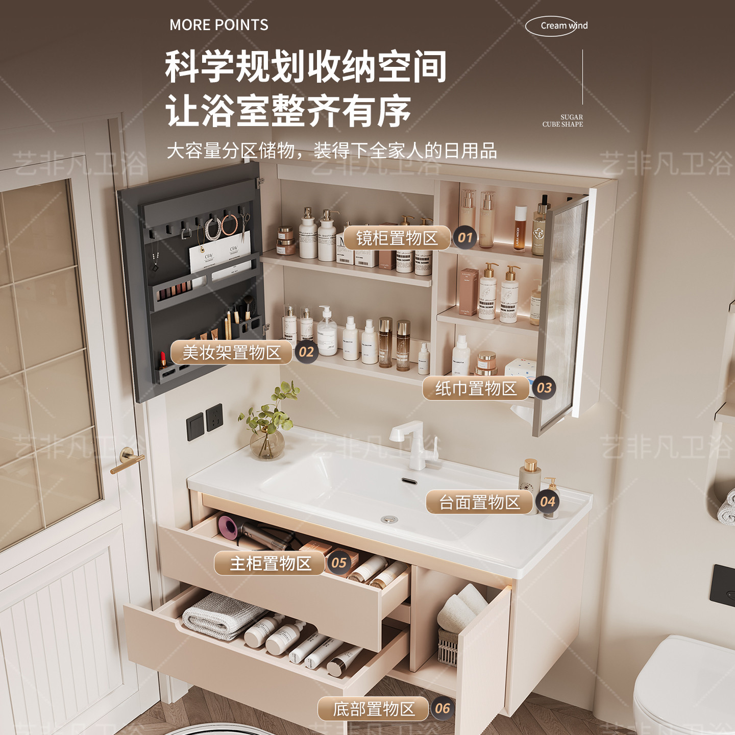 奶油风浴室柜陶瓷一体盆智能卫浴柜组合卫生间洗漱台洗手洗脸盆柜,淘宝优惠券,粉丝福利购,淘宝优惠卷