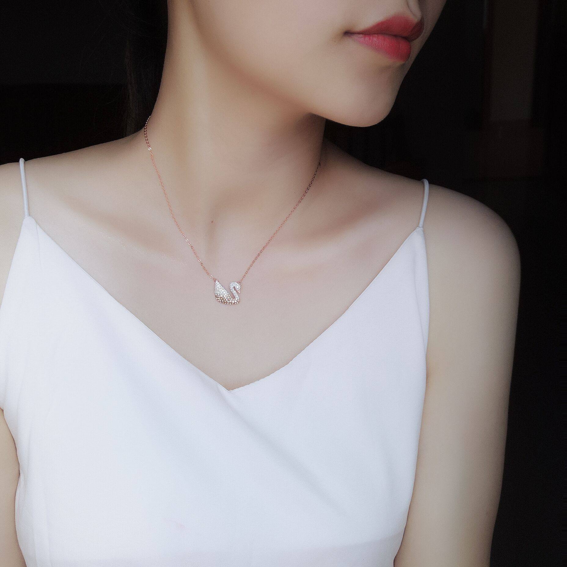 s925黑天鹅大小天鹅满钻封底银项链 帛印饰品项链