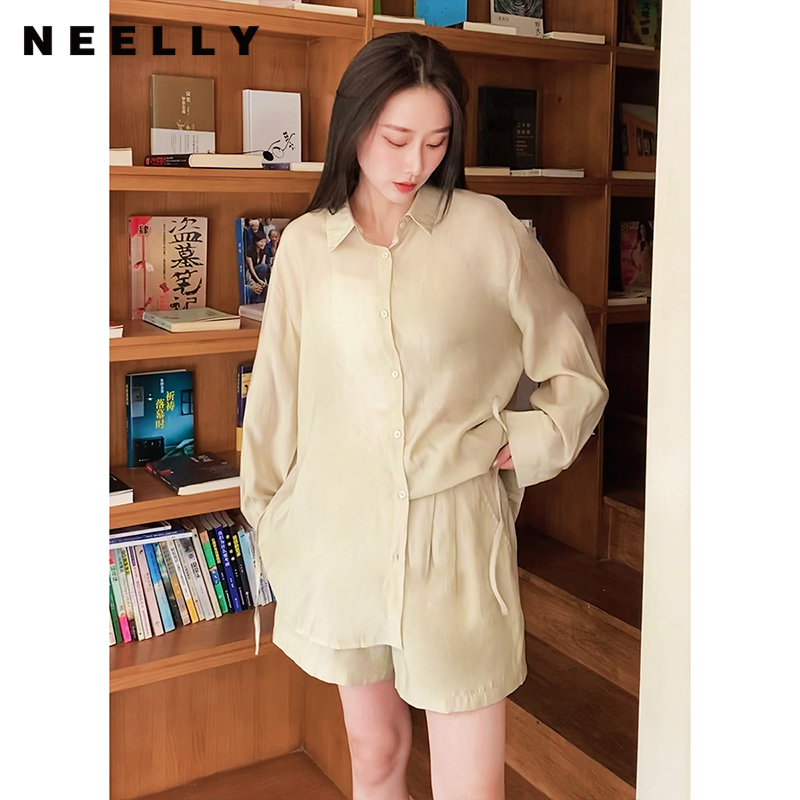 neelly纳俪商场同款女收腰系带衬衫 纳俪时尚套装