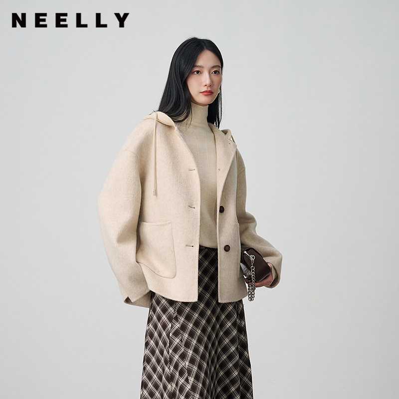 NEELLY纳俪商场同款冬新款连帽羊毛短款双面呢大衣女气质减龄外套 - 图0