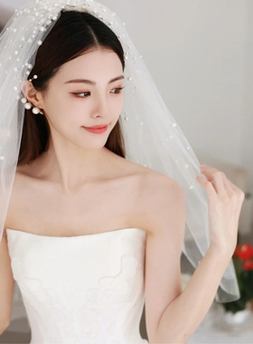 新款钉珍珠头纱高级婚纱头饰高端
