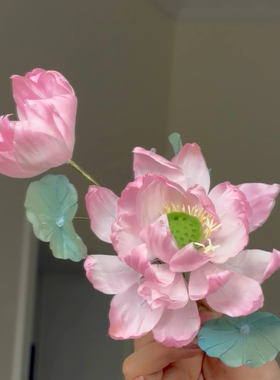 原创 凌波仙 真丝烫花荷花发饰软杆汉服配饰古风头饰仙气