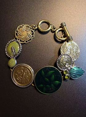 开花的橄榄 Vintage古着 Retro Discs绿色做旧花朵手链