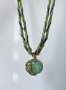 开花的橄榄 Vintage古着 Peacock gemstone绿色项链
