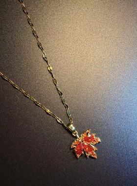 开花的橄榄 Vintage古着 Crimson Leaf红色枫叶项链 锁骨链