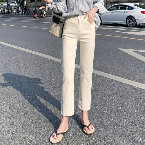 烟管杏色米白牛仔裤女八分小个子2026年夏季新款高腰直筒九分裤子 - 图1