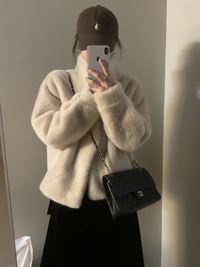 Women's stand-up collar imitation mink short fur coat