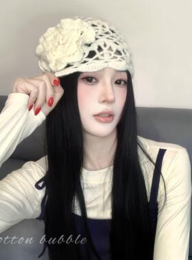 韩系复古包头针织帽 显脸小花朵套头帽 手工编织大头围百搭帽子