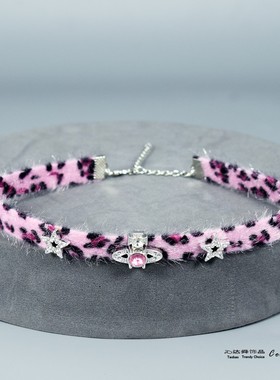 粉色毛绒豹纹水钻Y2K短款项圈