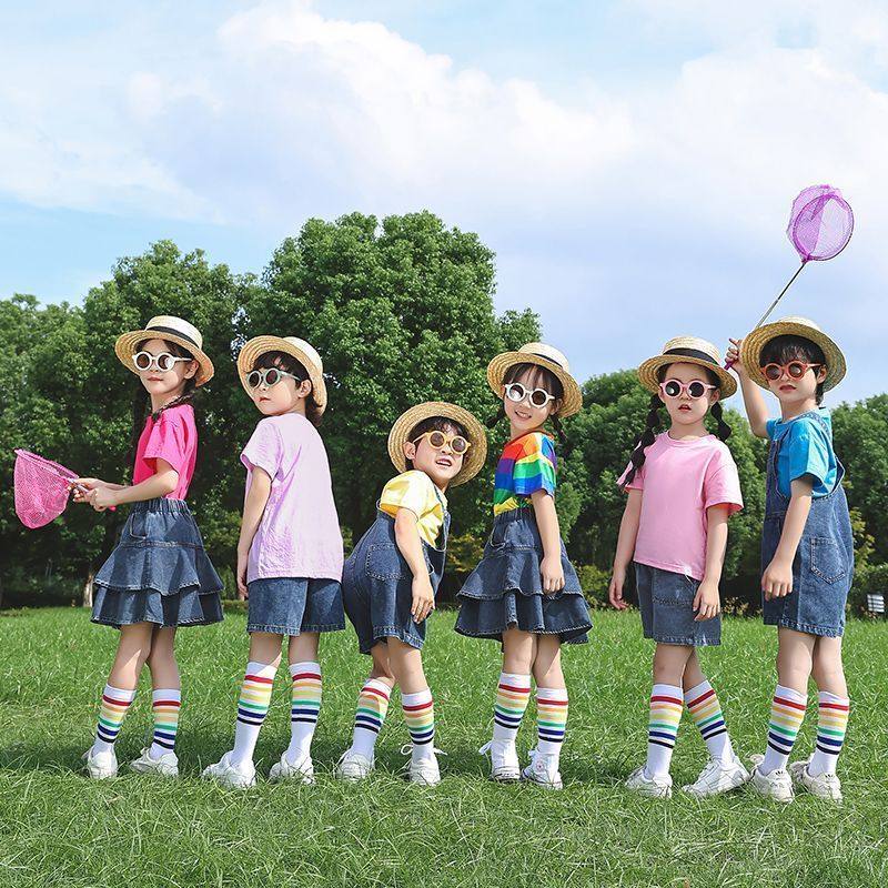 七彩短袖男女牛仔背带裤短糖果色演出服裙啦啦队表演儿童彩色t恤,淘宝优惠券,粉丝福利购,淘宝优惠卷