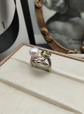 彩色锆石珍珠开口可调可莱玛戒指