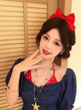 公主风蝴蝶结发夹边夹侧边红色发饰甜美风在逃公主发卡顶夹不伤发