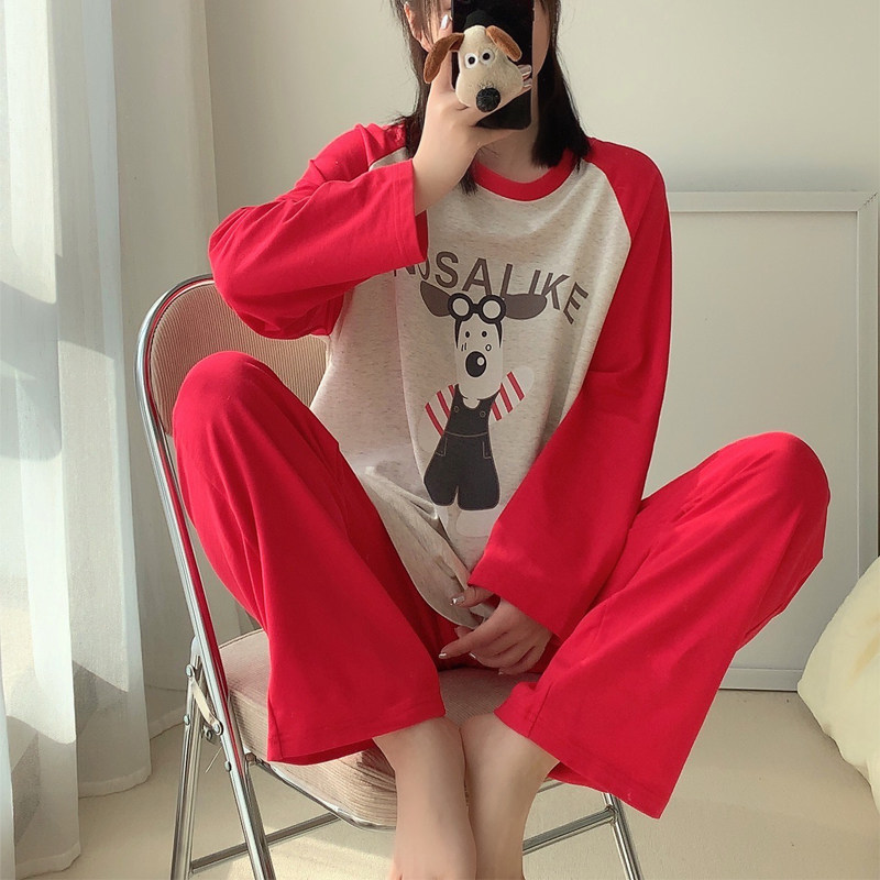 小狗拼色插肩睡衣女春秋季纯棉长袖卡通可爱宽松ins可外穿家居服,淘宝优惠券,粉丝福利购,淘宝优惠卷