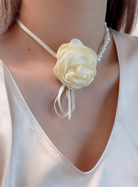 山茶花朵珍珠颈链choker项圈女颈带项链锁骨链绑带脖子系花配饰