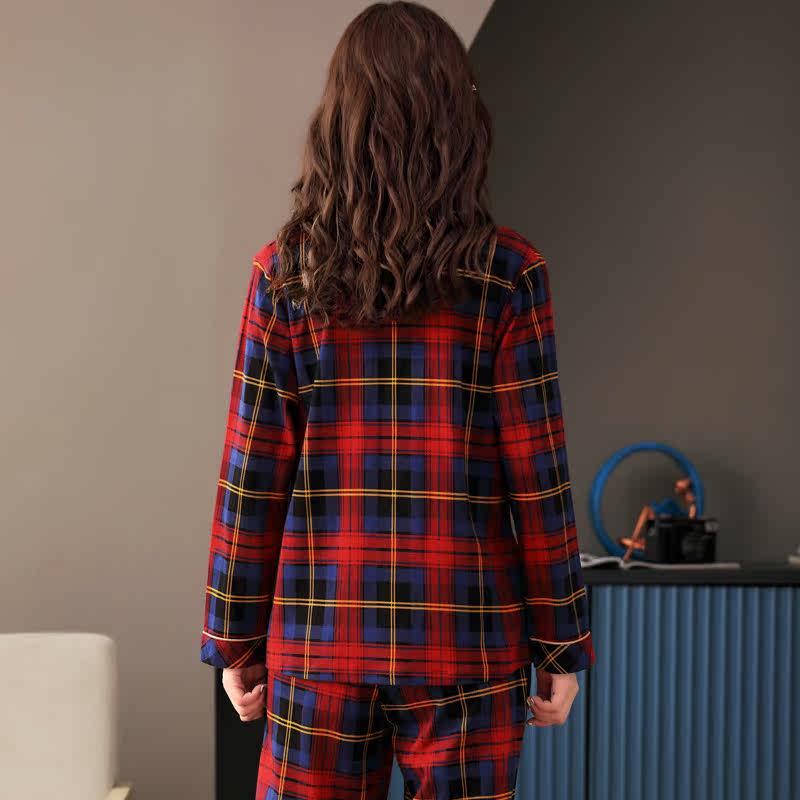 春秋款纯棉长袖可外穿格子居家睡衣 繁花浪漫服饰睡衣/家居服套装