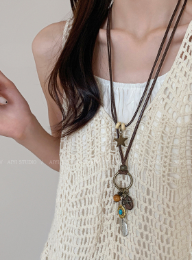 合金新中式复古羽毛长款毛衣链女