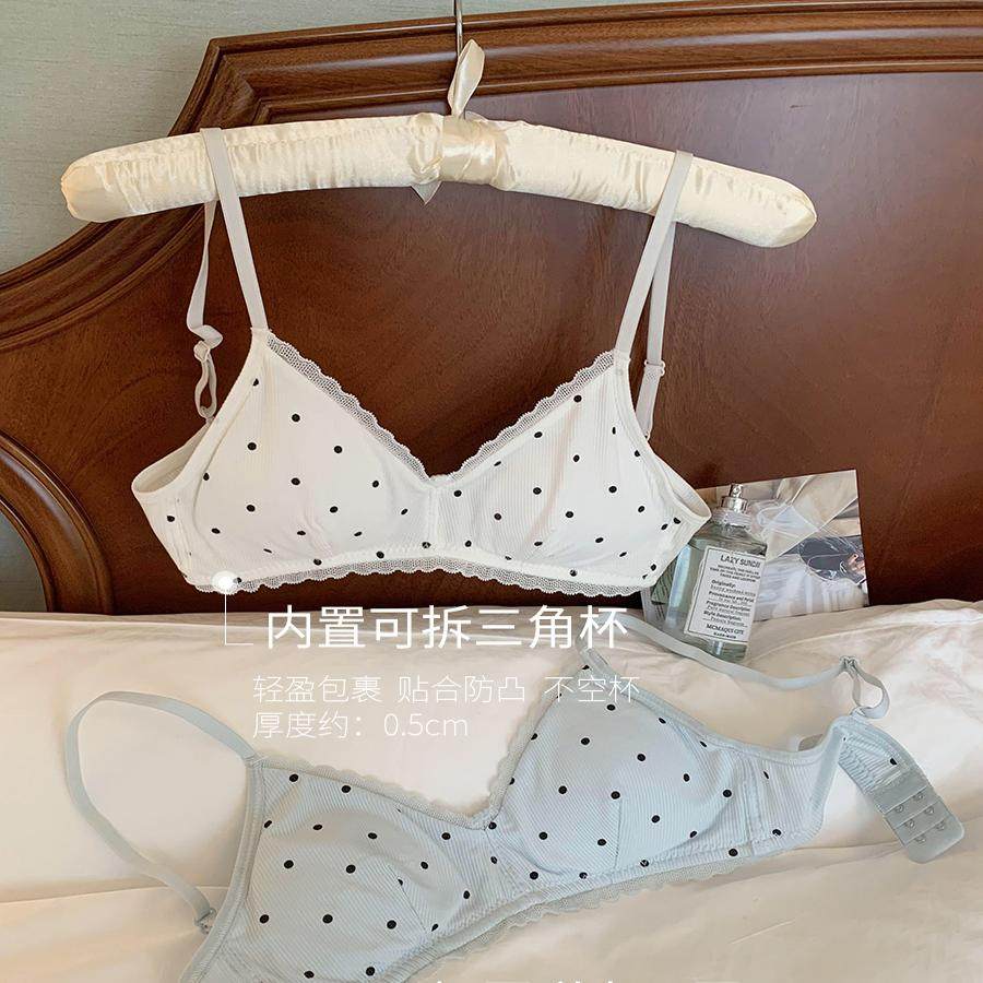 馨帮帮Bra 撞色波点螺纹小胸内衣女薄款舒适亲肤透气三角杯文胸罩,淘宝优惠券,粉丝福利购,淘宝优惠卷