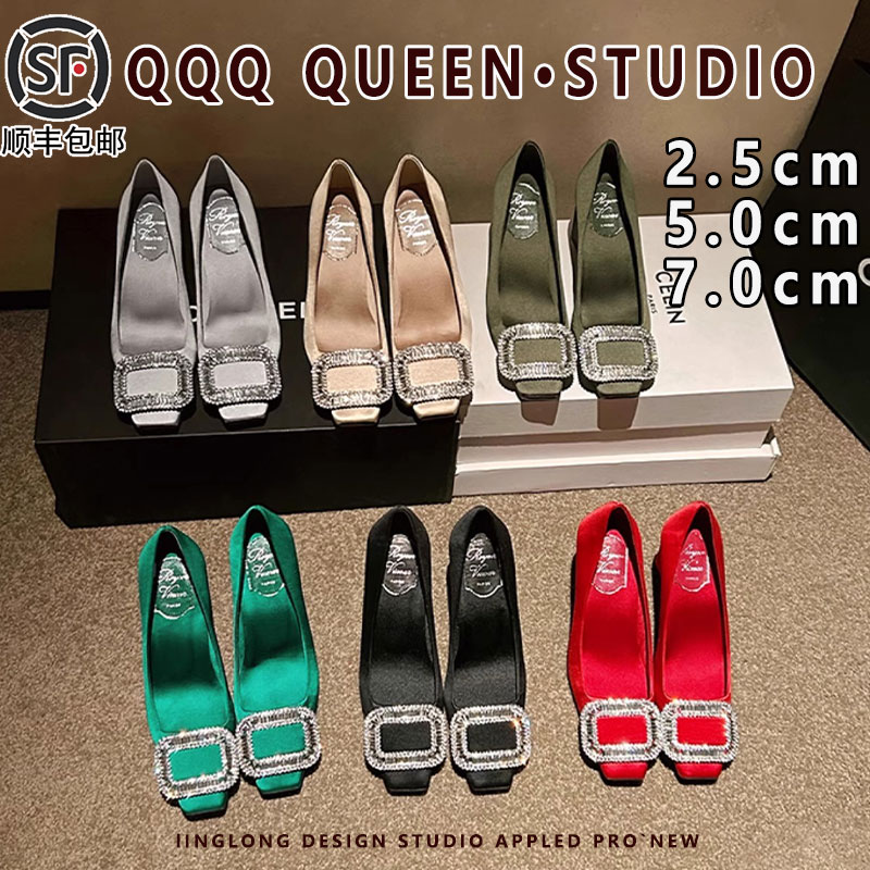 Right Video2025秋冬加绒RV丝绸缎水钻工作鞋高跟方头单鞋女婚鞋 - 图0