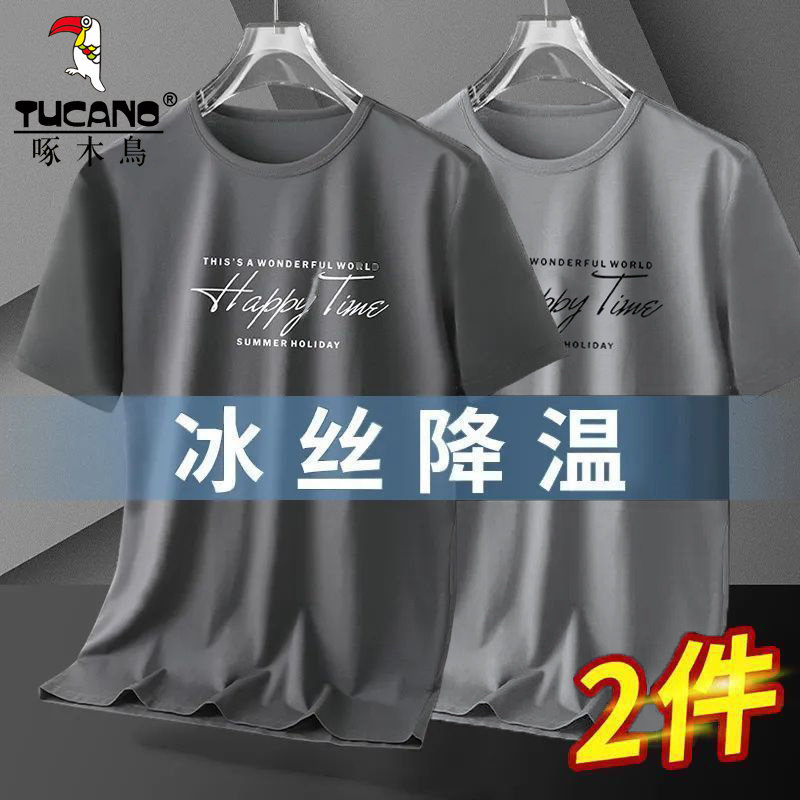 啄木鸟夏季网眼潮流冰丝短袖t恤男士休闲速干衣薄款宽松凉感体恤