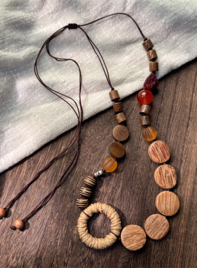 新中式木质手工编织菩提花朵项链