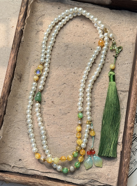 国风新中式绿檀木琉璃斜挎项链