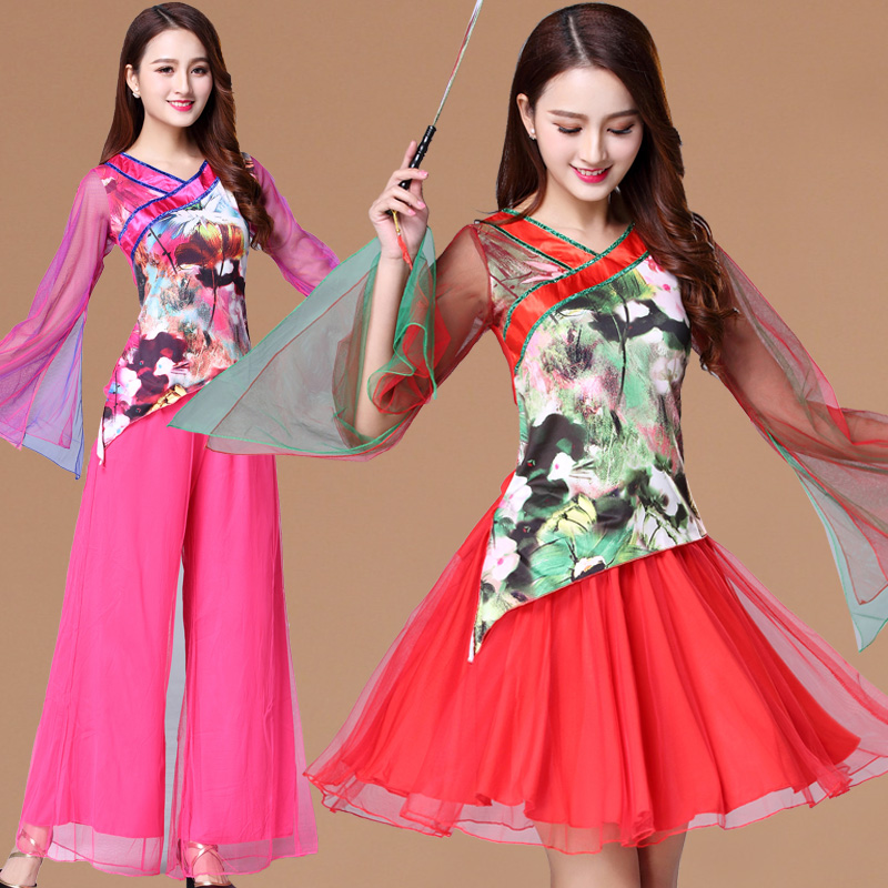 2018广场舞服装新款套装夏款舞蹈服长袖花布