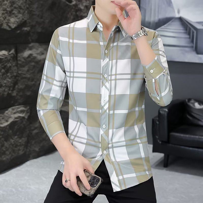格子衬衫男长袖百搭ins潮流修身帅气上衣春秋季商务休闲衬衣外套,淘宝优惠券,粉丝福利购,淘宝优惠卷