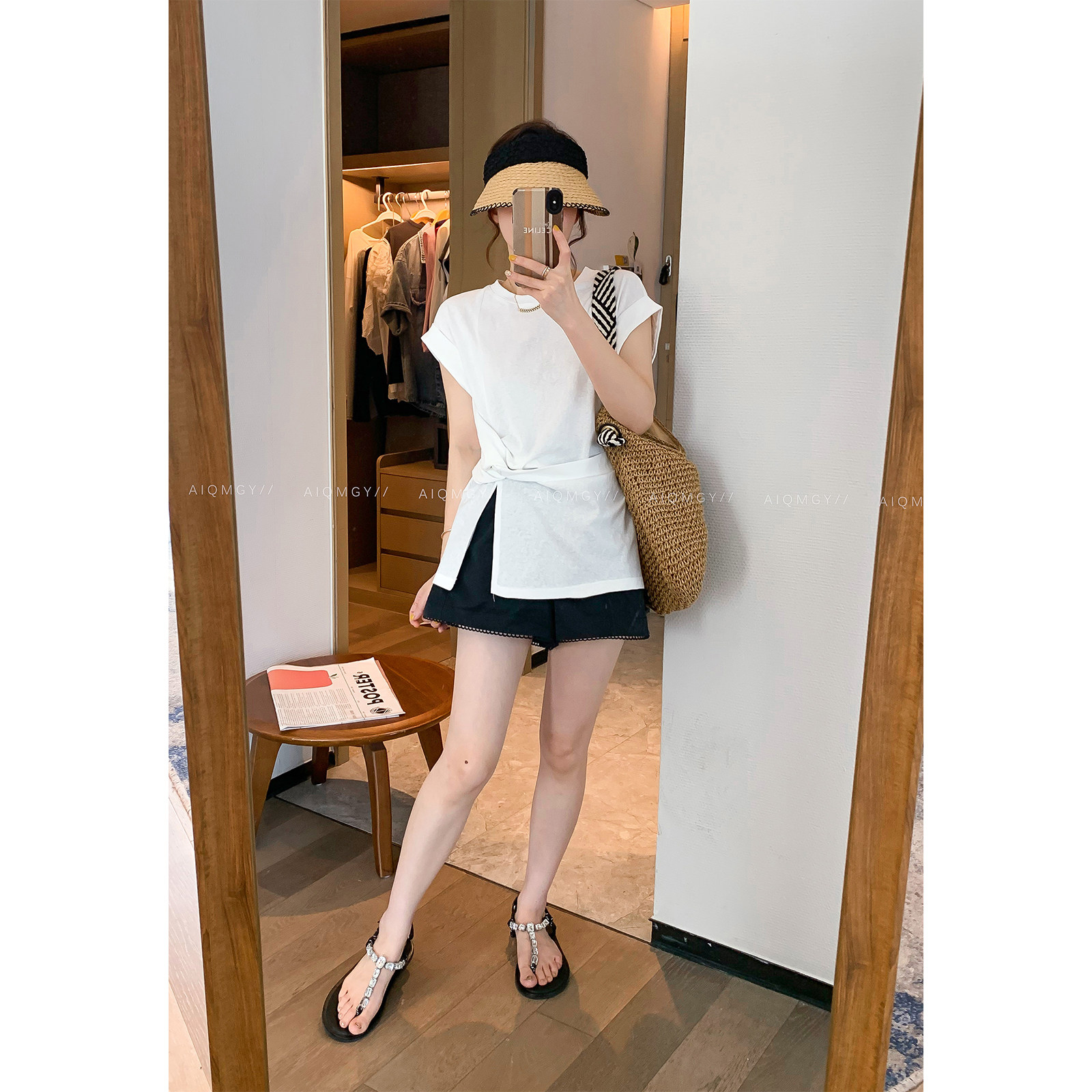 爱情魔鬼鱼 纯色短袖不规则开叉扭结T恤女2025年夏季新款显瘦上衣,淘宝优惠券,粉丝福利购,淘宝优惠卷