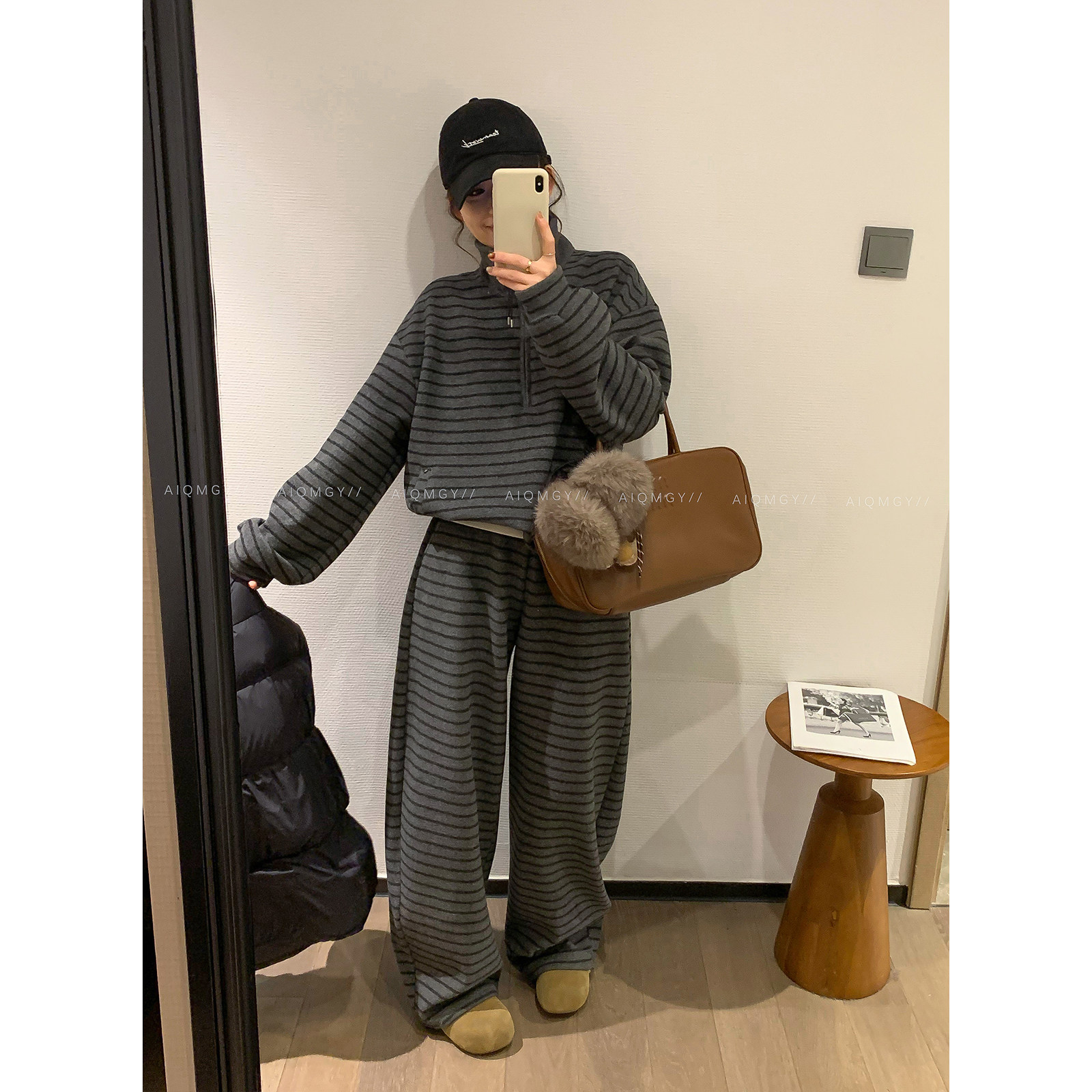 爱情魔鬼鱼 条纹两件套装女2025冬季新款半拉链上衣宽松阔腿长裤,淘宝优惠券,粉丝福利购,淘宝优惠卷