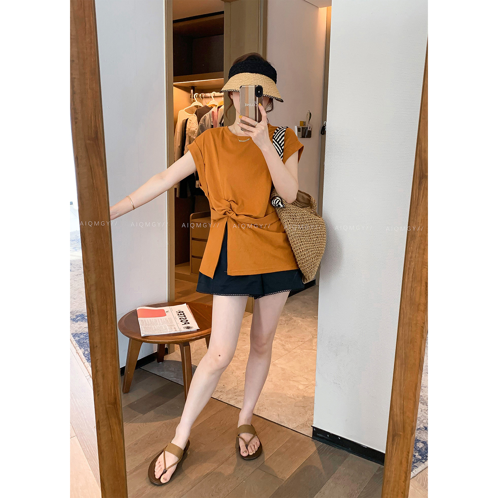 爱情魔鬼鱼 纯色短袖不规则开叉扭结T恤女2025年夏季新款显瘦上衣,淘宝优惠券,粉丝福利购,淘宝优惠卷