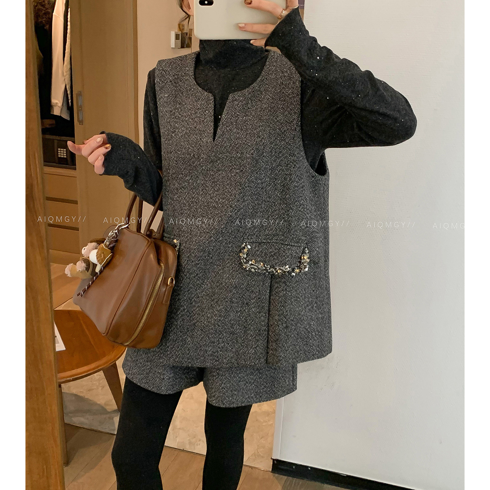 爱情魔鬼鱼 灰色时尚套装女2025冬季新款马甲背心阔腿短裤两件套,淘宝优惠券,粉丝福利购,淘宝优惠卷