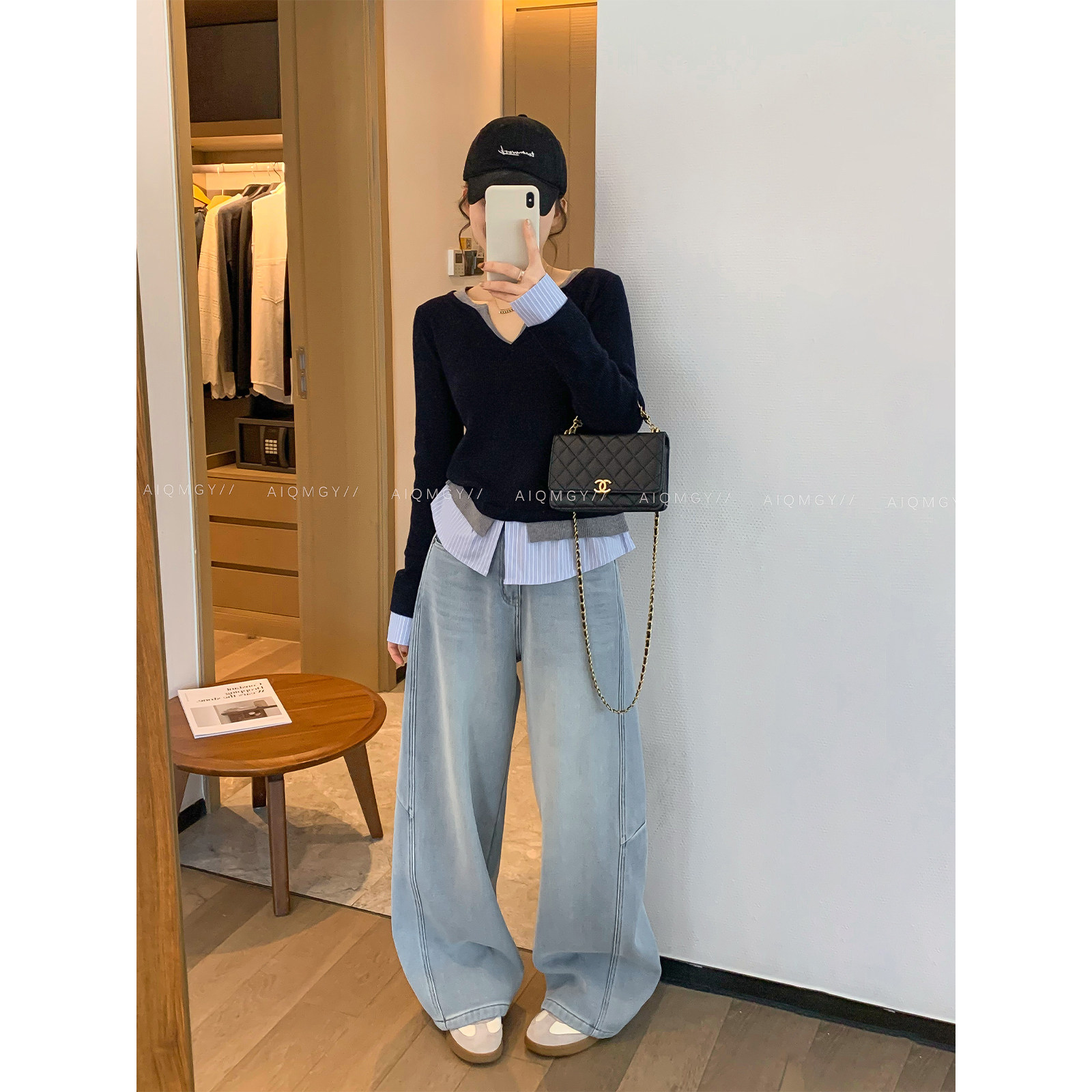 爱情魔鬼鱼 藏蓝色长袖V领假两件针织衫女2025年冬季新款修身上衣,淘宝优惠券,粉丝福利购,淘宝优惠卷