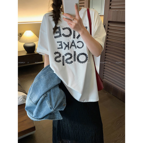 爱情魔鬼鱼 短袖圆领字母印花T恤女2026夏季新款时尚宽松显瘦上衣 - 图1