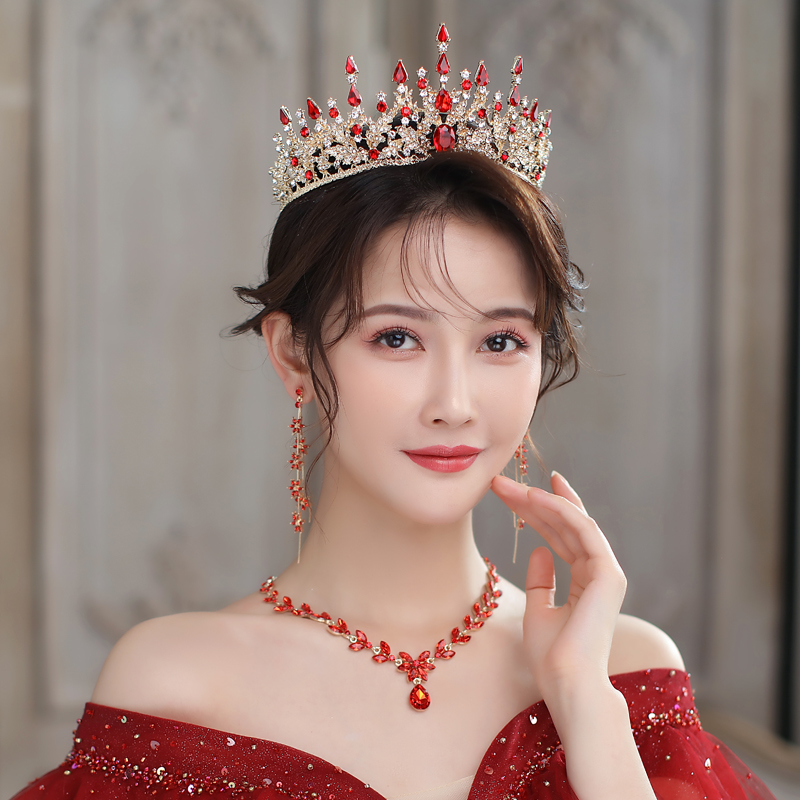 红色皇冠欧式奢华大气新娘头饰中式礼服敬酒服婚纱结婚成年礼王冠 - 图3