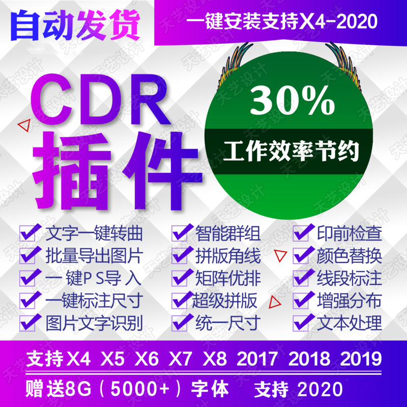 CDR增强插件 2020 2019 2018 2017 X4 X7 X8 一键PS转曲导图巡边 - 图0