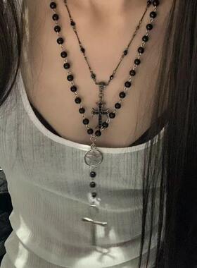 复古黑珠十字架项链双层叠戴朋克ins高级哥特暗黑风甜酷辣妹颈链
