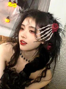万圣节骷髅手爪边夹头饰少女哥特手骨小众暗黑风个性玫瑰恐怖发夹