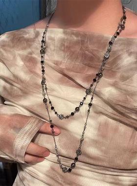 复古辣妹做旧长款双层链项链波西米亚民族风锁骨链花朵串珠毛衣链