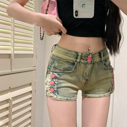 美式复古牛仔短裤女夏季低腰设计感小短裤显瘦弹力紧身辣妹热裤子 - 图3