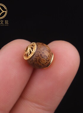 原创S925银镀金天然沉香木聚财咒镶嵌老型桶珠散珠DIY手串链配饰