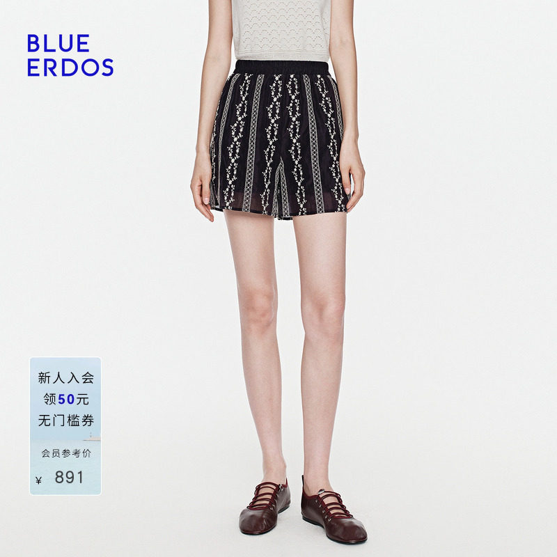 BLUE ERDOS2026夏季新品慵懒通勤藏青色刺绣宽松直筒松紧腰短裤女