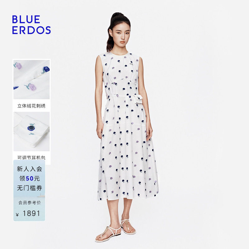 BLUE ERDOS2026早秋新品温婉简约棉混纺刺绣花卉修身无袖连衣裙女