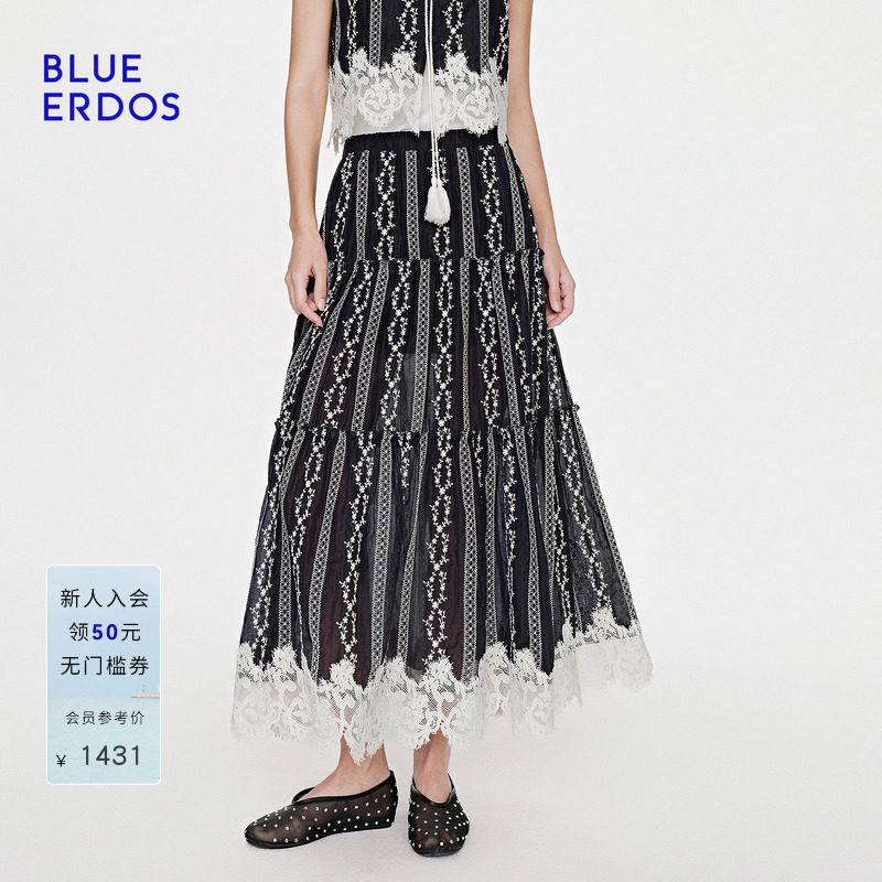 BLUE ERDOS2026夏季新品温柔复古宫廷风刺绣蕾丝拼接蛋糕半身裙