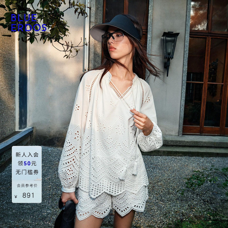 【100%棉】BLUE ERDOS2026夏季新品清新随性镂空刺绣松紧腰短裤女