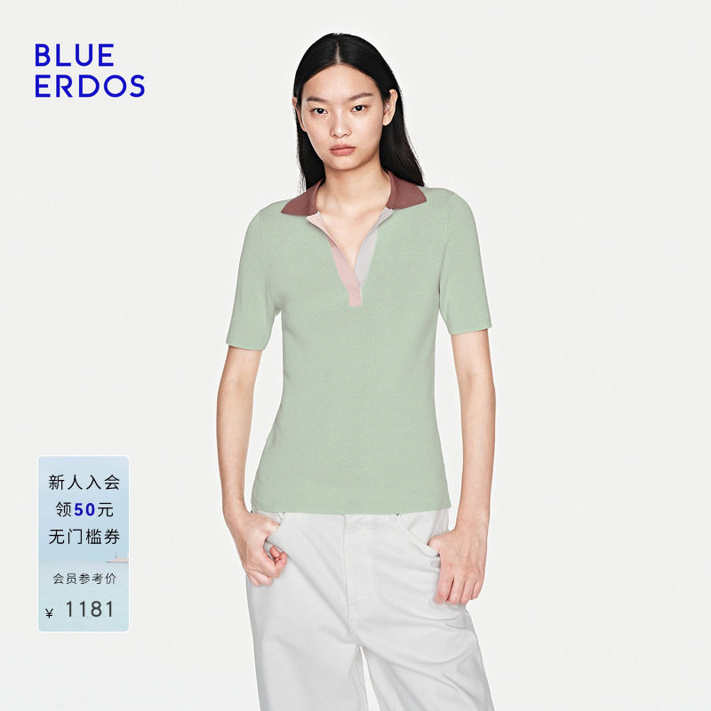 BLUE ERDOS26夏季新品都市通勤桑蚕丝混纺优雅撞色POLO领针织衫女