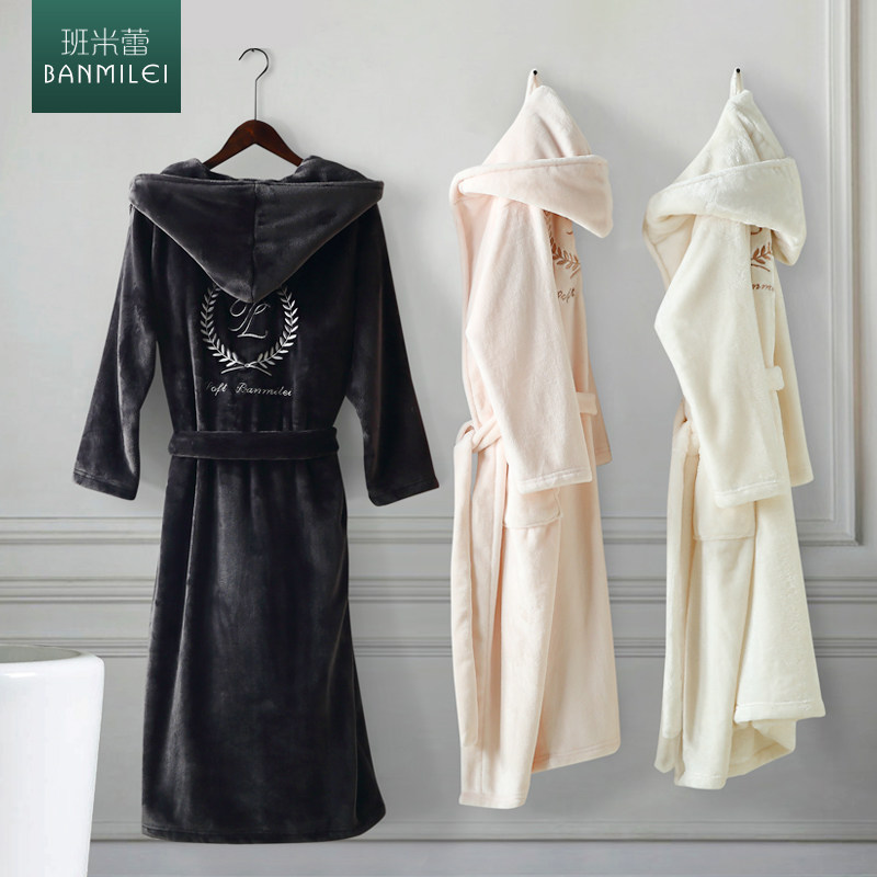 秋冬珊瑚绒加长款男士情侣带帽睡袍 班米蕾睡袍/浴袍