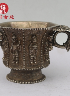 古玩仿古唐代金银器铜鎏银伎乐纹八棱银杯手工精雕摆件端庄大气